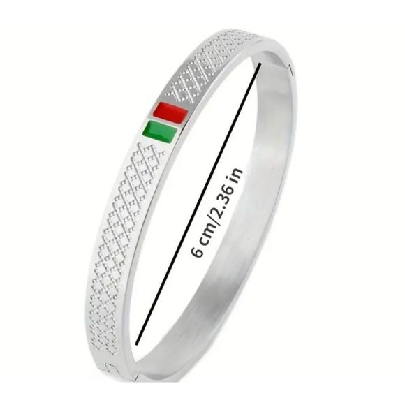 Silvertone Stainless Unisex Bangle Bracelet 8" Red & Green Enamel inlay NWT - Picture 2 of 5